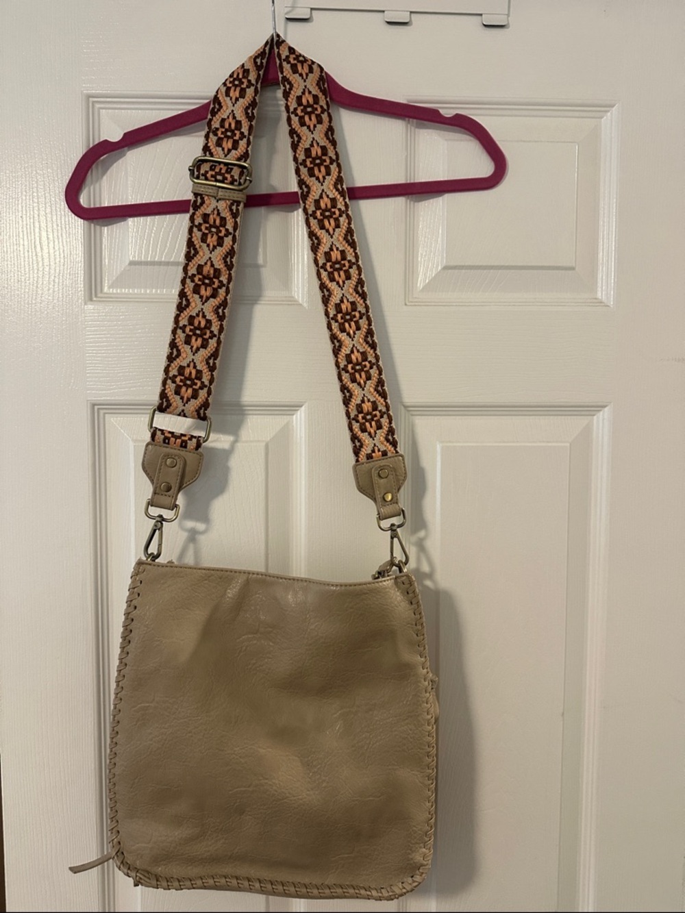 Antik Kraft Beige Leather Shoulder Bag with Patterned Woven Strap